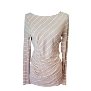 White House Black Market Striped Tan White Long Sleeve Ruched T-shirt Top Size M